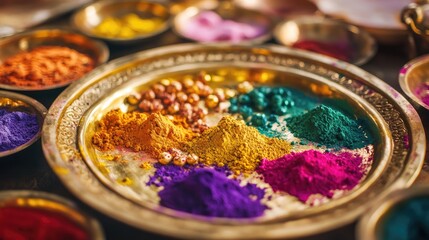 Close-up of a traditional brass plate filled with colors and sweets, representing Holi festival preparations.