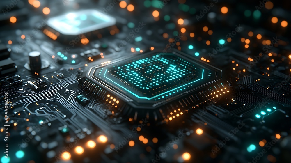 Poster close-up of a futuristic circuit board with glowing components