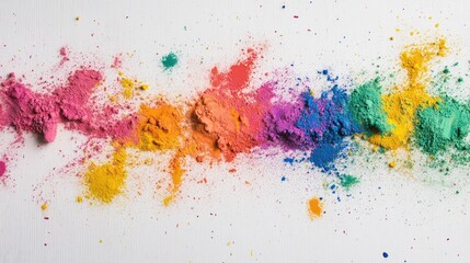 Colorful Holi powders scattered on a white surface, with traces of hands forming playful patterns in the powder.