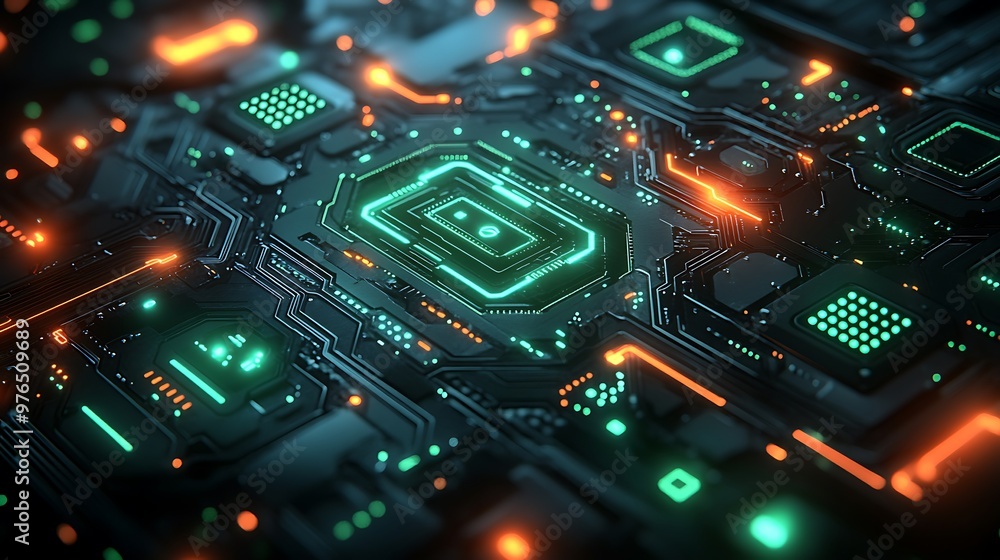 Poster abstract futuristic technology circuit board with glowing green and orange lines