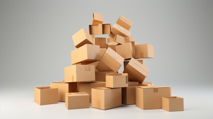 Fototapeta premium A chaotic pile of cardboard boxes, some stacked, some falling, against a plain white background.