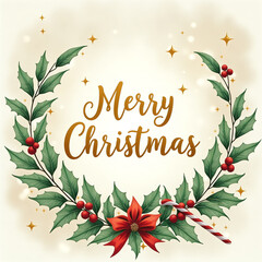 Merry Christmas is written in gold letters on a wreath of green leaves