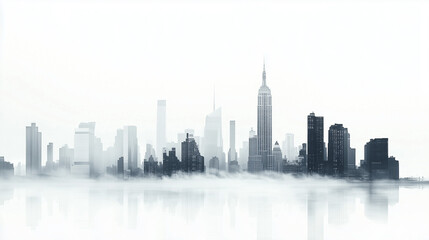 A serene, monochromatic cityscape featuring towering skyscrapers emerging above a layer of mist, creating a surreal and sophisticated atmosphere.