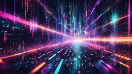 Abstract digital background with colorful streaks of light in a dark space.