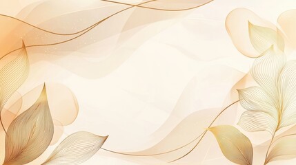 Abstract Beige Background with Golden Leaves and Lines