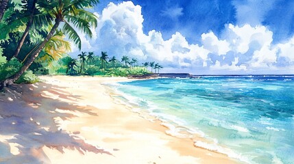 Watercolor painting of a tropical beach with palm trees and blue sky.
