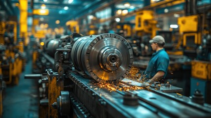 Fototapeta premium Skilled Workman Operating Industrial Machine in Busy Factory with Metal Sparks and Machinery, Shot on Sony A7R IV