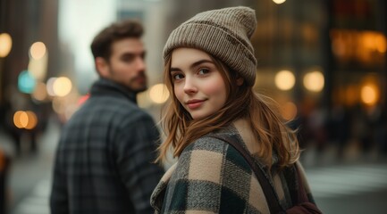 Fototapeta premium Fashionable Young Female Walking Through City at Dusk Wearing Beanie Hat with Modern Urban Background and Shallow Depth of Field