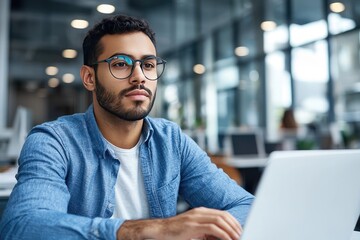 A focused man working on a laptop in a modern office, showcasing productivity and concentration in a professional setting.