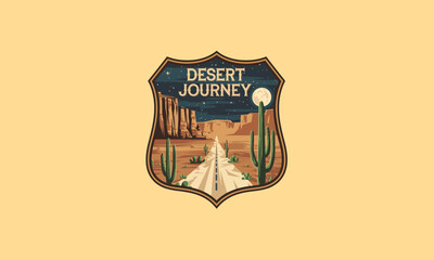 Desert journey logo with cactus, road, cliffs, and night sky