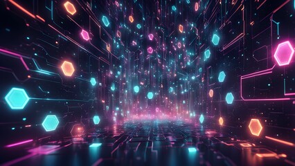 A futuristic, abstract scene with glowing hexagons and digital lines.