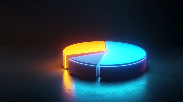 A vibrant, illuminated pie chart with blue and orange segments, ideal for financial and data analysis visuals.