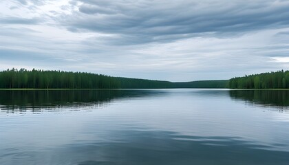 Tranquil lake reflecting a serene forest under a cloudy sky