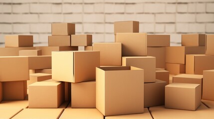 Fototapeta premium A large pile of cardboard boxes stacked against a brick wall.