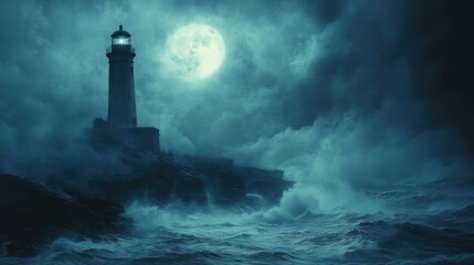 Ghostly Figure at Haunted Lighthouse: Mysterious Night Scene with Moonlit Cliff and Crashing Waves