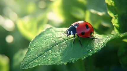 Fototapeta premium Ladybug on a Dew-Covered Leaf