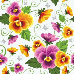 A vibrant floral pattern featuring pansies and decorative leaves, ideal for textiles or wallpaper designs.