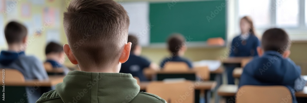 Wall mural this image captures a classroom environment where students are seated at desks facing forward, the t