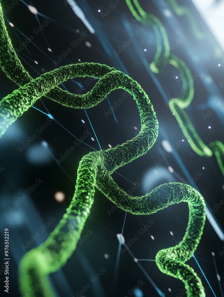 Poster a 3d visualization of dna structures on a digital screen, representing genetic code, scientific disc