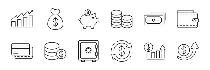 set of money thin line icon. money management, wallet, banking, ATM, piggy bank, investment profit, finance growth chart, money increase, finance icon collections. vector illustration