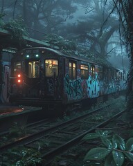 Obraz premium An abandoned subway train sits overgrown with vegetation in a mysterious forest.