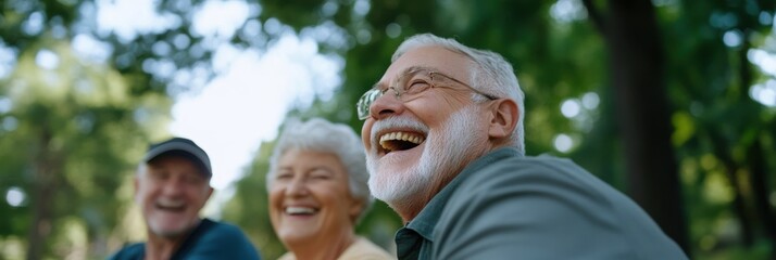 Fototapeta premium This image shows a group of elders sitting together on a bench in a park under the trees, engaging in conversation and enjoying each other's company in a tranquil environment.