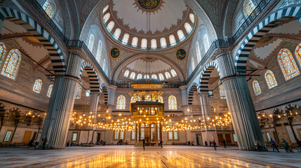 Obraz premium Spacious and intricately designed interior of a mosque with beautiful stained glass windows, stunning arches, and impressive chandeliers, showcasing Islamic architecture.