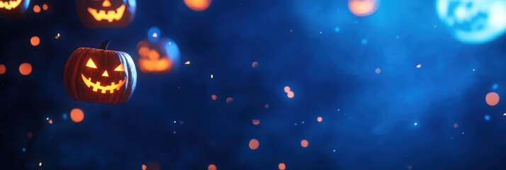 An image featuring illuminated jack-o'-lantern pumpkins floating in the blue night sky with stars, sparks, and a full moon in the background.