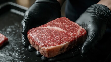 Closeup of Raw Steak Held by Gloved Hands