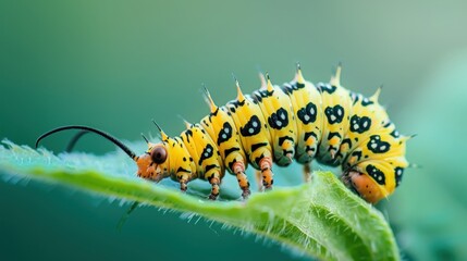 Fototapeta premium Yellow and Black Spiky Caterpillar on a Green Leaf