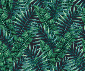 A vibrant pattern featuring lush green tropical leaves on a dark background, ideal for design and decoration.