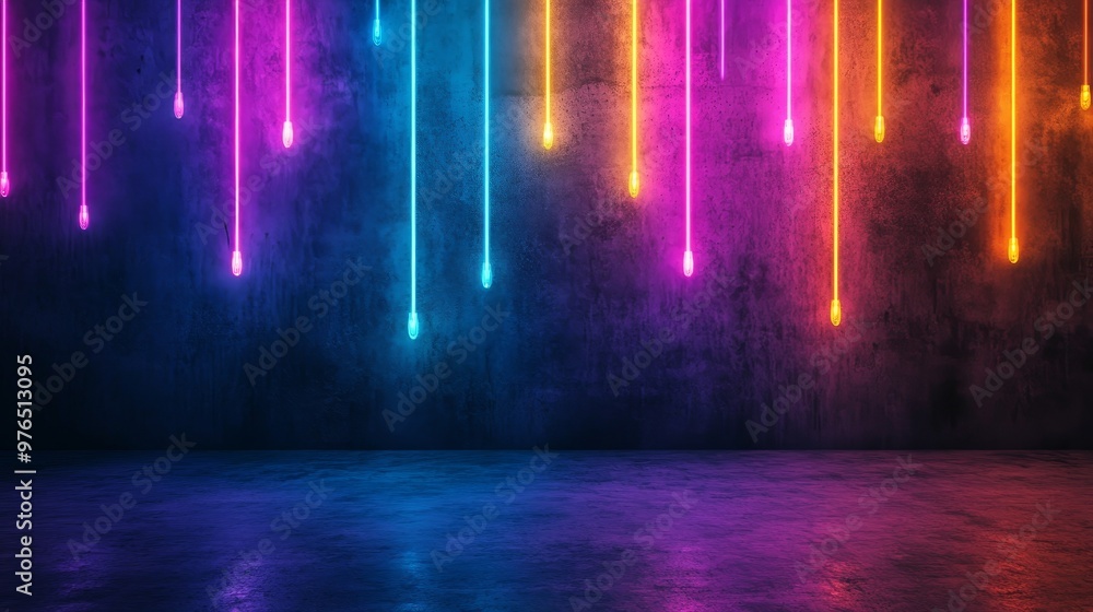Poster a captivating image featuring a concrete wall adorned with colorful neon lights, ideal for creating 