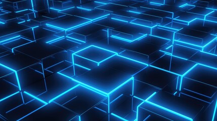 Abstract digital background with blue glowing lines on black 3D cubes.