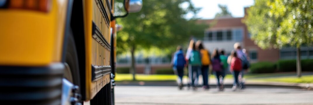 A bright yellow school bus parked as children with backpacks walk towards a distant school building, encapsulating the start of a new academic day and learning journey.