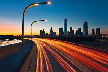 Obraz premium A captivating view of the Dallas skyline at sunset, showcasing the iconic skyscrapers against a vibrant backdrop. Light trails on the highway add a sense of motion and energy to the scene. The city li