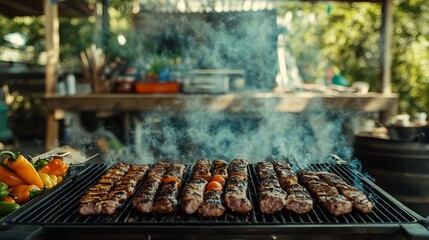 Close-up of Grilled Skewers with Smoke and Peppers in Foreground