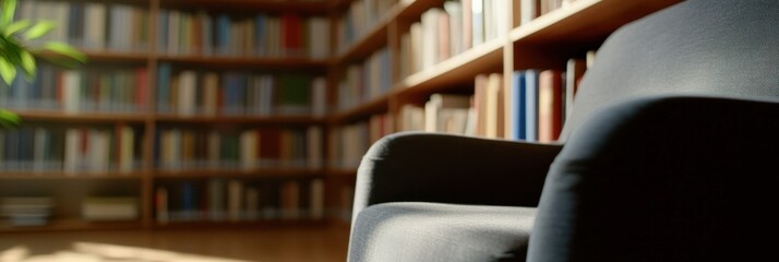 The image features a cozy armchair in a well-lit library filled with books. The environment suggests a quiet, comfortable place for reading and relaxation.