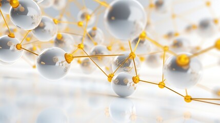 Abstract 3D rendering of white spheres connected by gold rods, representing a network or connection.