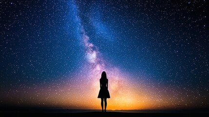 Fototapeta premium Woman Silhouetted Against Milky Way Galaxy at Night
