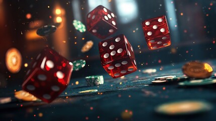 Animated depiction of dice, cards, and coins with fluctuating odds, numbers floating around