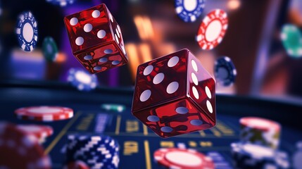 Animated depiction of dice, cards, and coins with fluctuating odds, numbers floating around