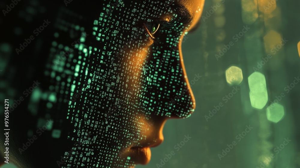 Poster a close-up of a human face, digitally transformed with binary code, highlighting the convergence of 