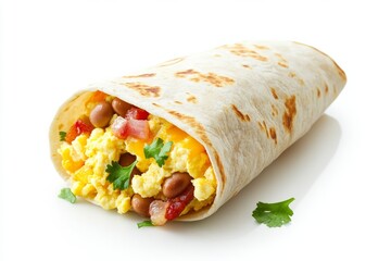 Breakfast Burrito, A flour tortilla filled with scrambled eggs, cheese, beans, and sometimes meats like bacon or sausage, often served with salsa or hot sauce. Isolated on White Background