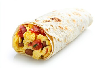 Breakfast Burrito, A flour tortilla filled with scrambled eggs, cheese, beans, and sometimes meats like bacon or sausage, often served with salsa or hot sauce. isolated on white background