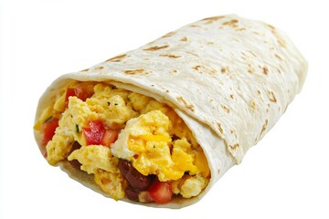 Breakfast Burrito, A flour tortilla filled with scrambled eggs, cheese, beans, and sometimes meats like bacon or sausage, often served with salsa or hot sauce. isolated on white background