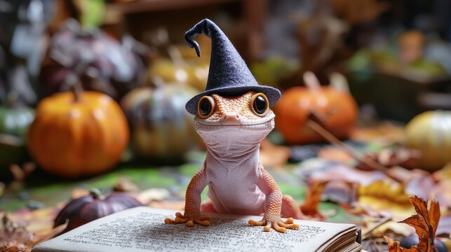 A small lizard is sitting on top of an open book with a pumpkin