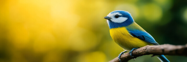 Fototapeta premium A close-up portrait of a blue tit bird perched on a branch, showcasing its vibrant blue and yellow plumage against a soft, blurred background. This image captures the beauty of nature, the delicate d