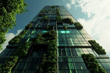 Modern skyscraper with lush greenery, showcasing sustainable architecture and innovative design against a bright blue sky.