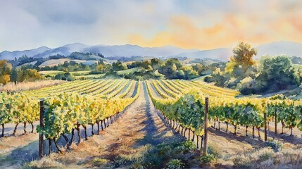 Fototapeta premium Watercolor painting of a vineyard in the rolling hills, with a warm sunset in the background.