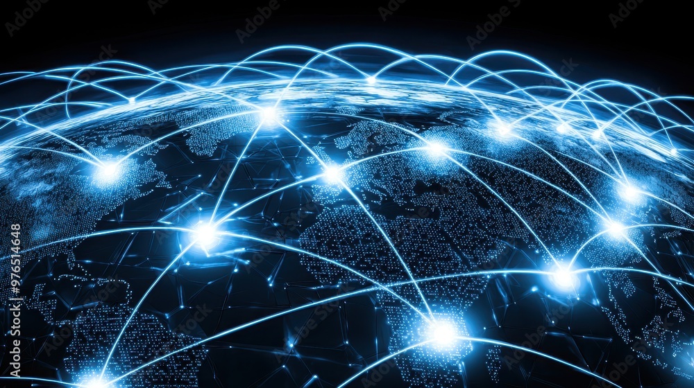 Poster global network connection abstract world map digital technology blue lines